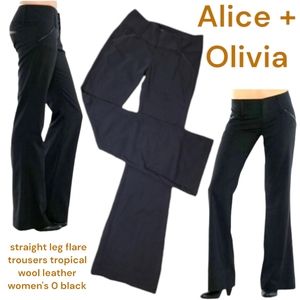 Alice + Olivia straight leg flare trousers tropical wool leather women's 0 black